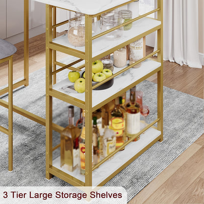 Barset Golden Marble – Bistrotafel Set – Eettafel Compact – Keukentafel Met Stoelen – 3-Tier Rek – Ruimtebesparend – Moderne Gouden Accent