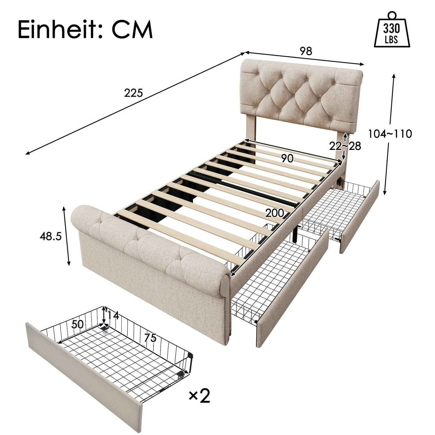 Eenpersoonsbed – Bed – Slaapbank – Logeerbed – Kinderbed – 90x200 cm – 2 Opberglades – Verstelbaar Hoofdeinde – Chesterfield Design – Natuurlijke Khaki Kleur