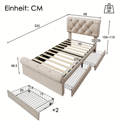 Eenpersoonsbed – Bed – Slaapbank – Logeerbed – Kinderbed – 90x200 cm – 2 Opberglades – Verstelbaar Hoofdeinde – Chesterfield Design – Natuurlijke Khaki Kleur