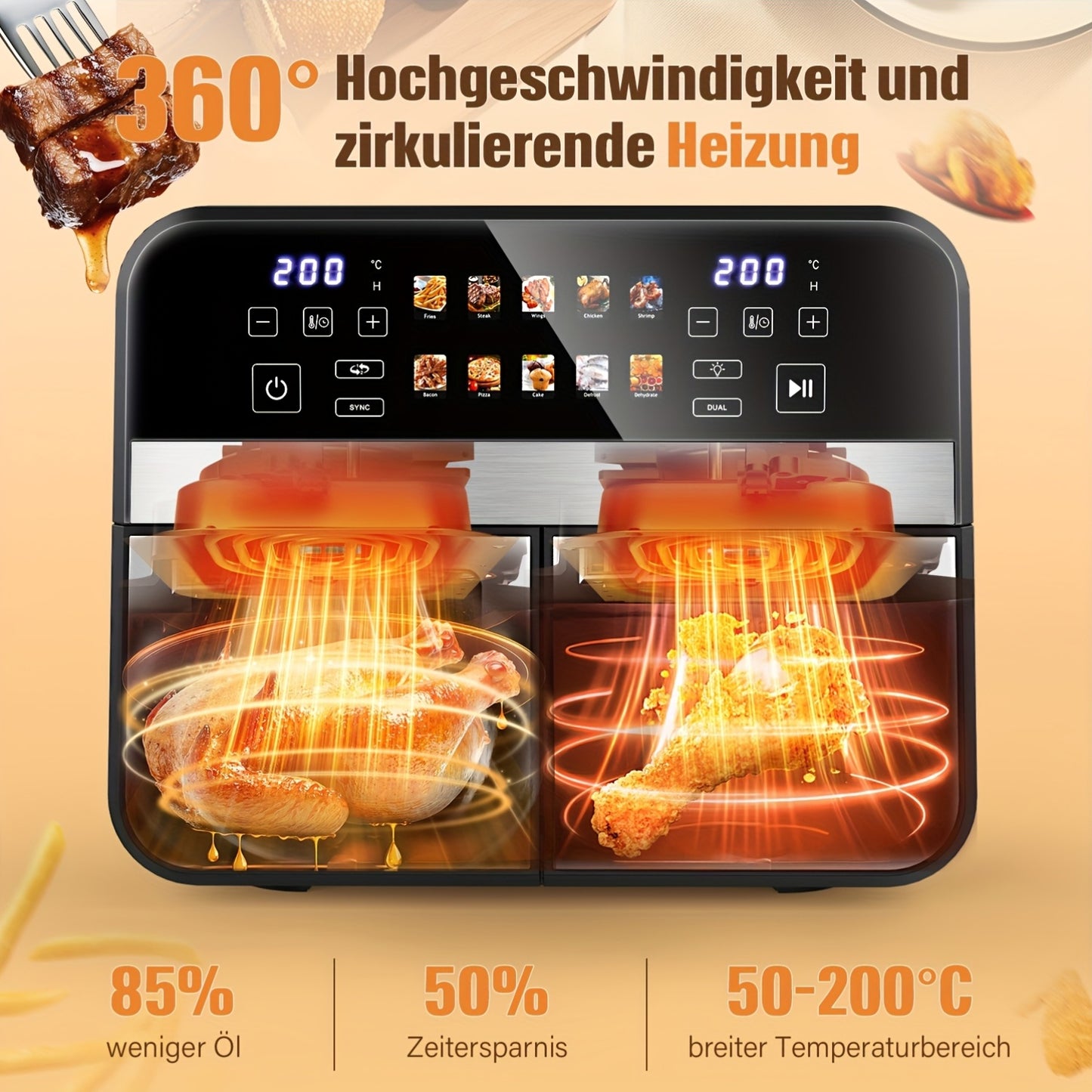 Dual Zone Airfryer – Heteluchtfriteuse – Airfryer Met Dubbele Mand – Gezonde Friteuse – 2 Bakken – 10,5L – Roestvrij Staal – 10 Voorgeprogrammeerde Kookfuncties