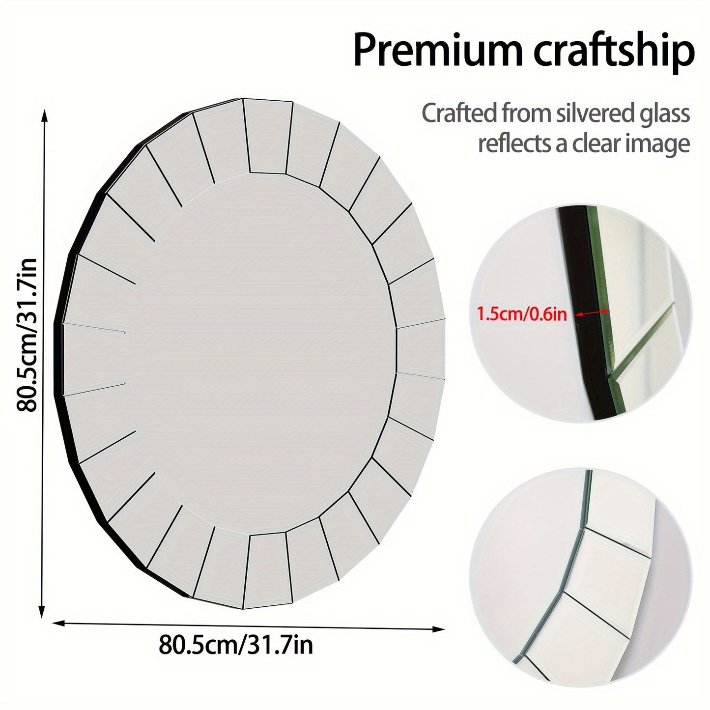 Spiegel – Wandspiegel – Passpiegel – Ronde Spiegel – Badkamerspiegel – 80,5 cm Groot – 5 mm Dik Zilverglas Met Facetgeslepen Rand