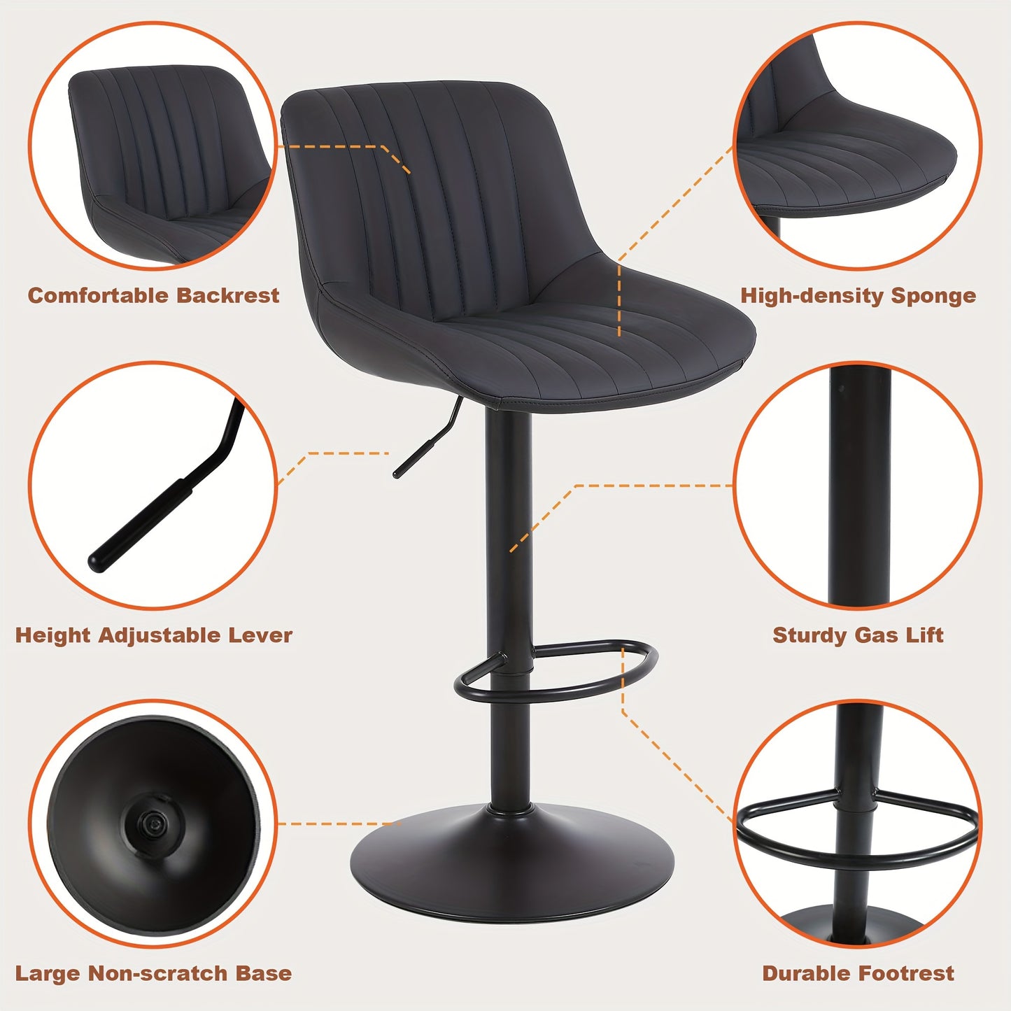 Barstoelen set – Barkrukken – Keukenstoelen – Barstoelen zonder armleuning – Barlibure stoelen – Verstelbare zithoogte – 360° draaibaar – Lichtbruin – 3 stuks – PU leer – Met gaslift