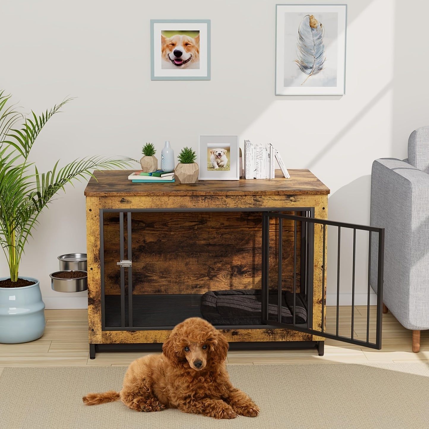 Hondenbench – Hondenren – Kattenren – Hondenhok – Kattenhuis – Houten MDF & Metaal – Afneembare Tray & 2 RVS Voerbakken – 93x58x64 cm – Voor Huisdieren Tot 40 kg