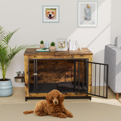 Houten Dierenkooi – Hondenkooi – Kattenkooi – Huisdierenkooi – Hondenbench – Grijs – 93x64x58 cm – Inclusief 2 RVS Voerbakken – Verwijderbare Tray