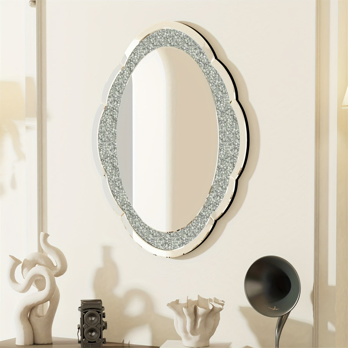 Wandspiegel Wolkenvorm – Muurspiegel – Kristal Spiegel – Deco Spiegel – Zilveren Spiegel – 60x80 cm – Verbluffende Kristalaccenten – Hoogwaardig Zilverglas