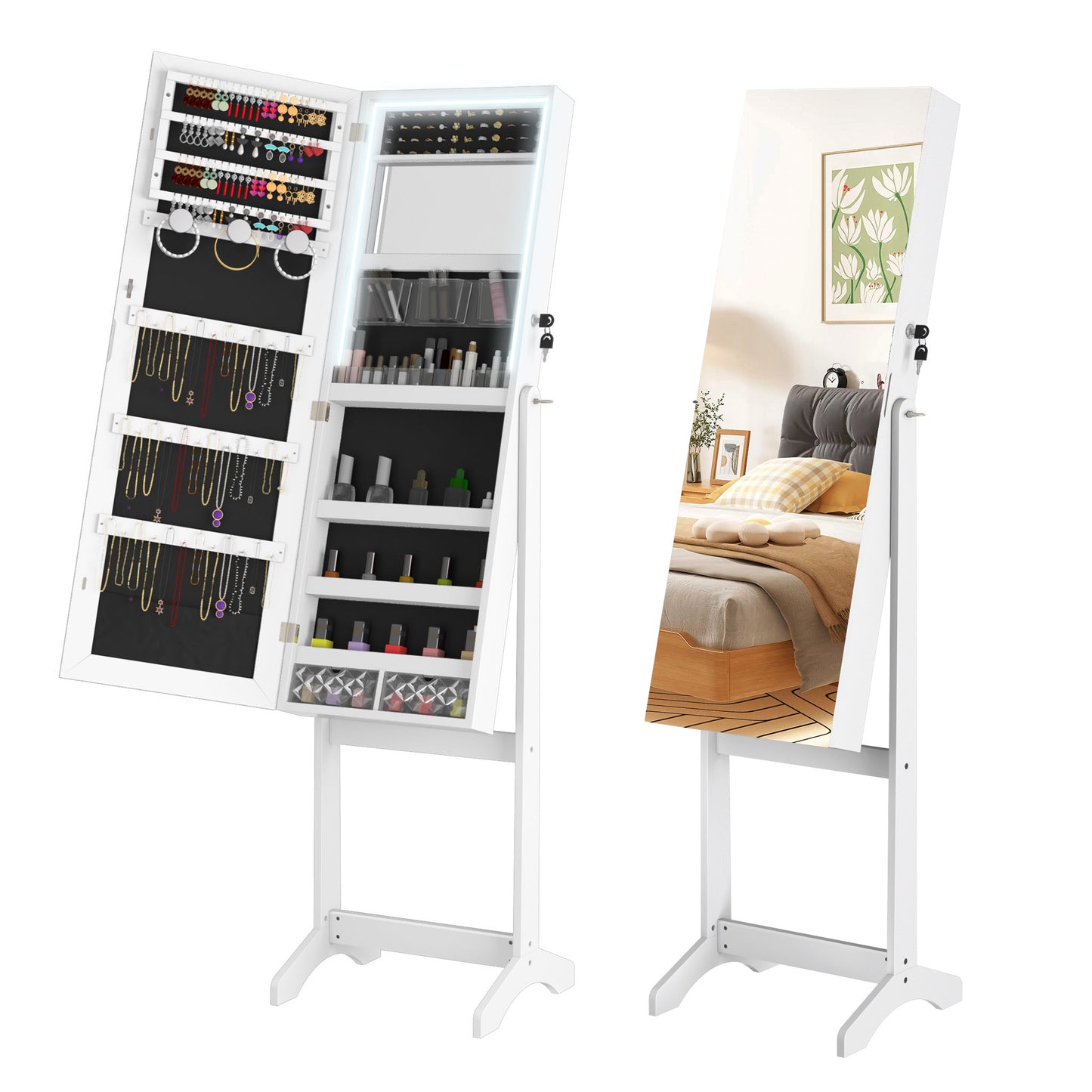 Opbergkast Make-up – Make-up Organizer – Sieradenkast – Beauty Organizer – Make-upkast – Met Slot – Volledige Lengte Spiegel – Compact Kunststof – Vrijstaand – Meerdere Schappen – Stevige Pootjes – Modern Design