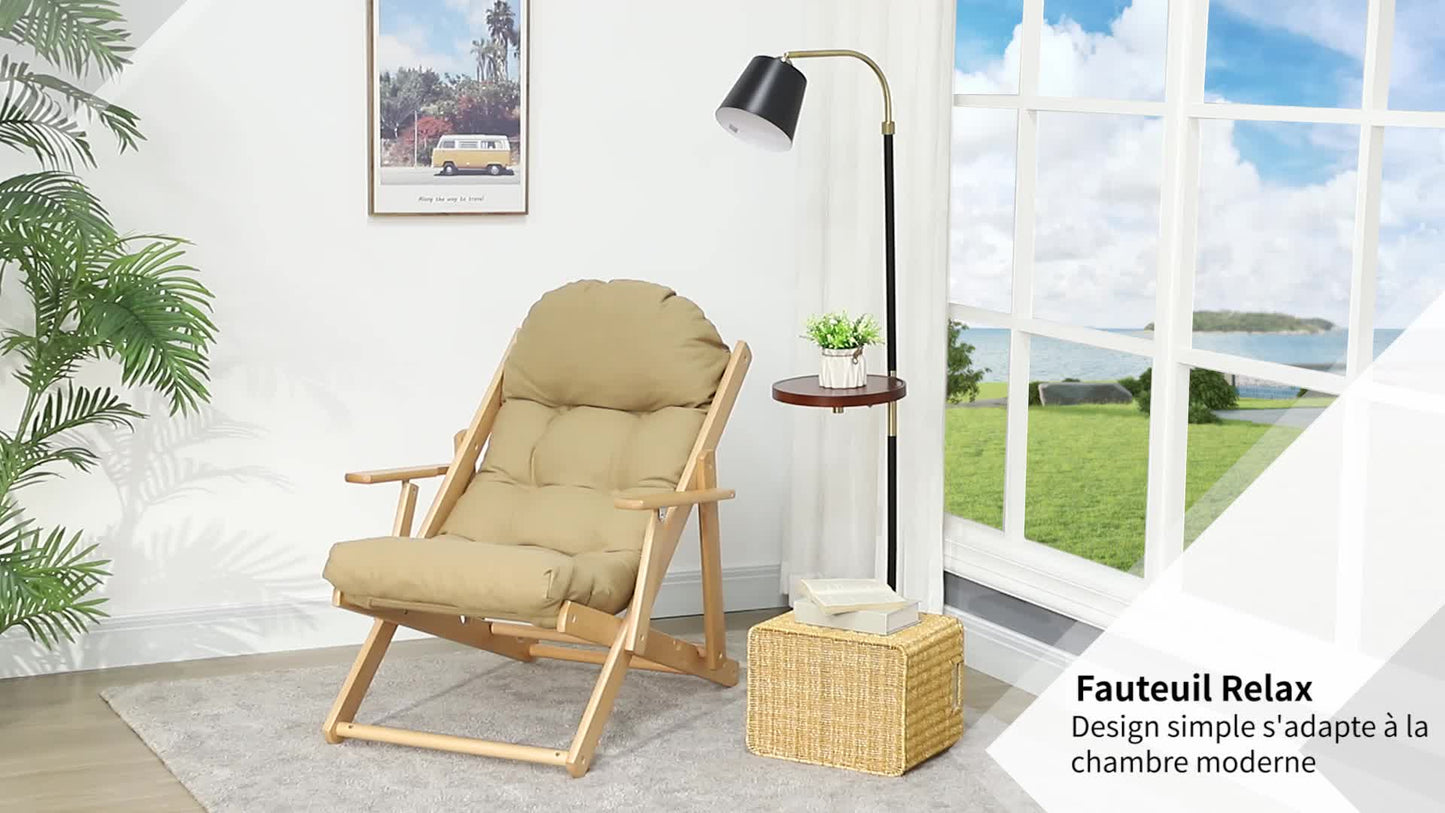 Relaxfauteuil – Lounge stoel – Draaifauteuil – Fauteuil – Verstelbare stoel – Massief beukenhout – Dikke gewatteerde zitkussen – Compact opvouwbaar