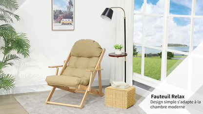 Relaxfauteuil – Lounge stoel – Draaifauteuil – Fauteuil – Verstelbare stoel – Massief beukenhout – Dikke gewatteerde zitkussen – Compact opvouwbaar