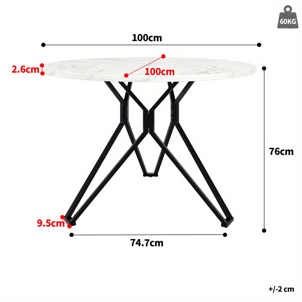 Rond Eettafel – Ronde Tafel – Keukentafel – Eetkamertafel – Compacte Eettafel – MDF Blad Met Marmerlook – Metalen Poot Zwart/Wit – 100x100x76 cm – Voor 4 Personen