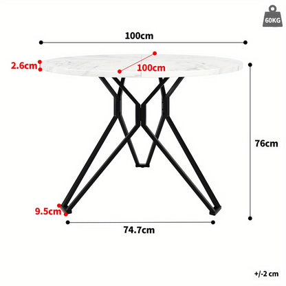 Rond Eettafel – Ronde Tafel – Keukentafel – Eetkamertafel – Compacte Eettafel – MDF Blad Met Marmerlook – Metalen Poot Zwart/Wit – 100x100x76 cm – Voor 4 Personen