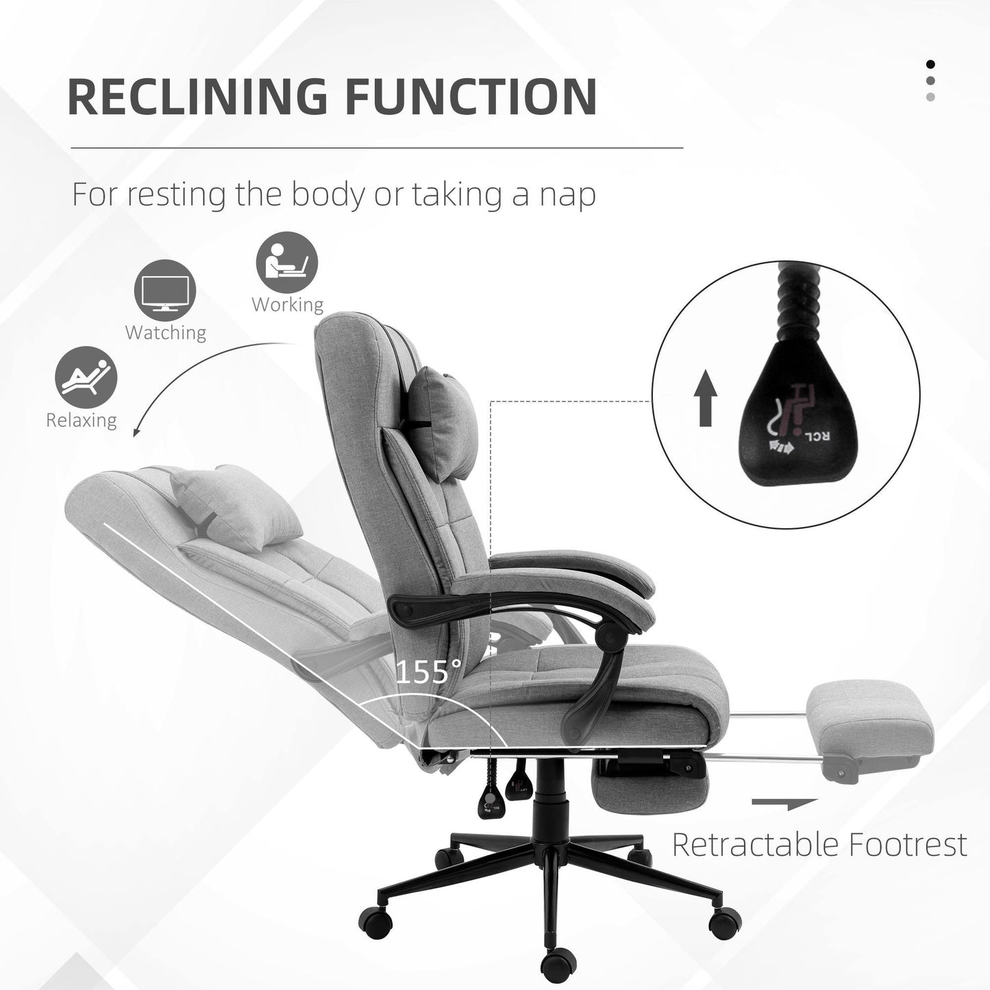 Bureaustoel – Kantoorstoel – Office Chair – Gamestoel – Bureau Stoel – Verstelbare zithoogte 47-55 cm – Pneumatisch kantelbare rugleuning 90-155° – Met hoofdsteun en armleuningen – Ademend linnen met stevig houten frame