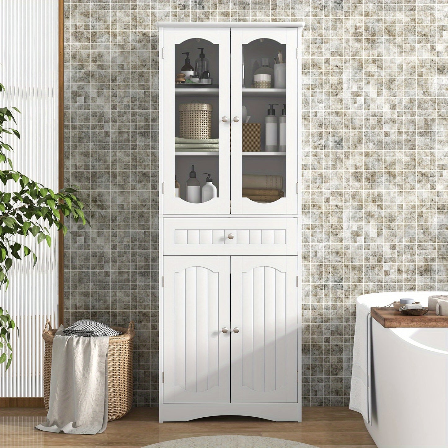 Badkamerkast – Badkamermeubel – Kolomkast – Opbergkast – Medicijnkast – Vrijstaand – MDF Met Geharde Glasdeuren – 160x60x30 cm
