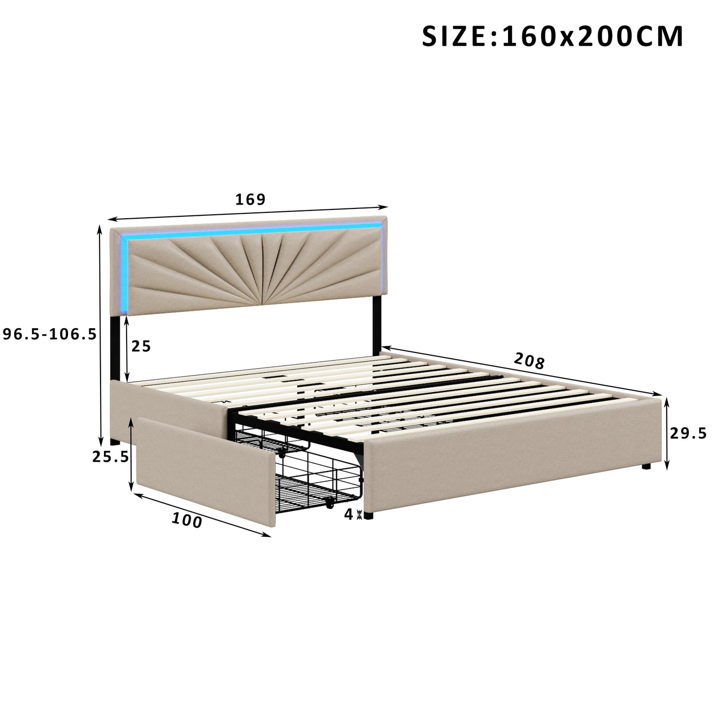 Anajqaqia 140/160x200cm Upholstered Double Bed, Storage Bed with Drawers, with LED Lighting and Slatted Frame, Linen, Beige