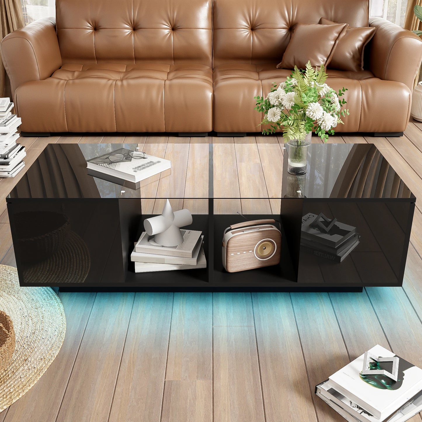 Bijzettafel – Salontafel – Tafeltje  - Woonkamertafel – LED-Verlichting – Hoogglans Glazen Plateau – Ruime Zijopberging - Wit - QUORE