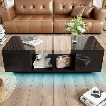 Bijzettafel – Salontafel – Tafeltje  - Woonkamertafel – LED-Verlichting – Hoogglans Glazen Plateau – Ruime Zijopberging - Wit - QUORE