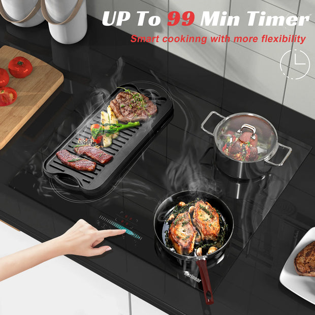 Inductie kookplaat - Induction Hob - Induction Cook Top - Inductie Fornuis - Elektrische Brander - 4-pits inductiekookplaat - met marmering - stekker en flexzone - 3500W - met touchbediening - timer - veiligheidsslot - Zwart