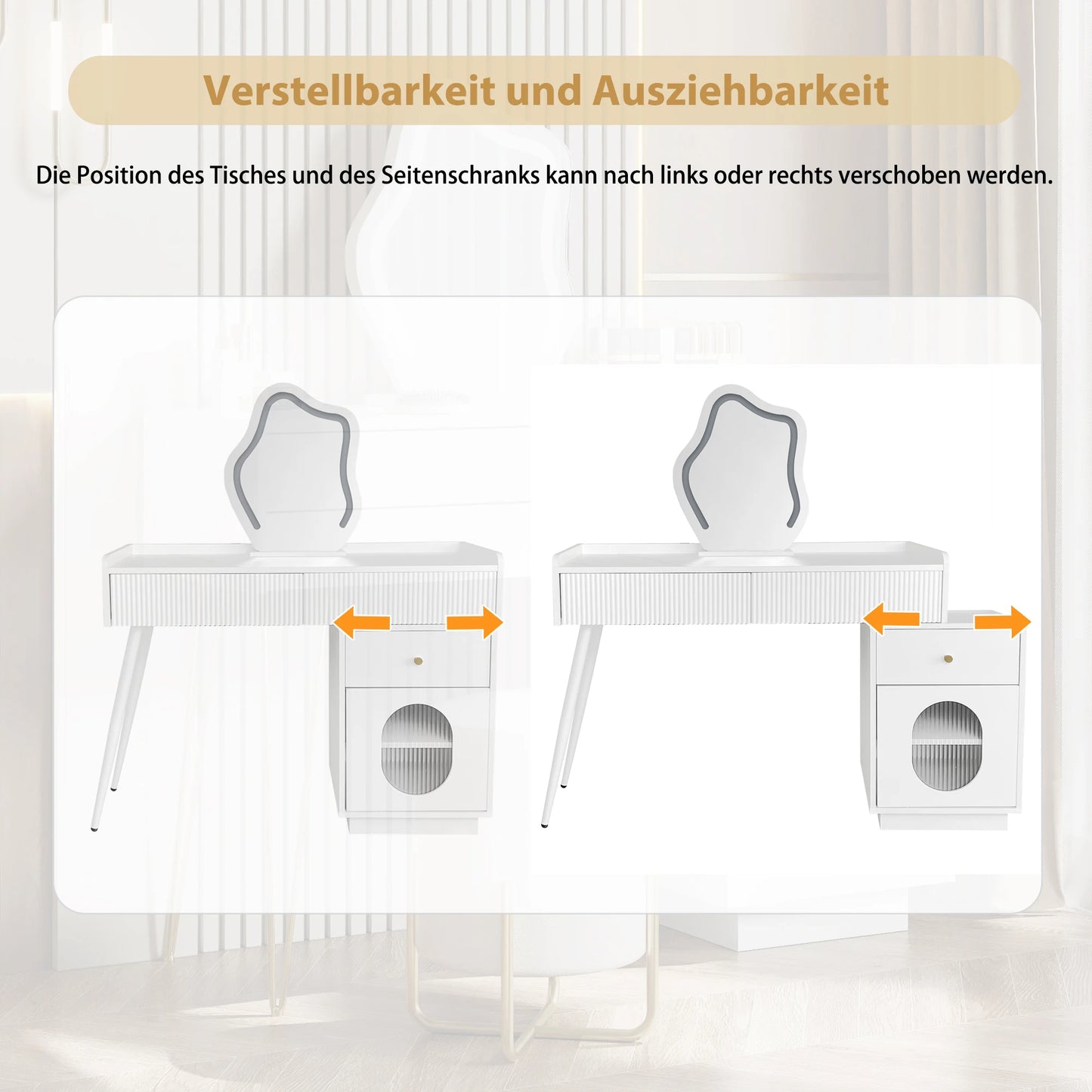 Kaptafel – Make-uptafel – Schminktisch – Verzorgingstafel – Witte Kaptafel – LED-Verlichting – Verstelbare Zijkast - Wit