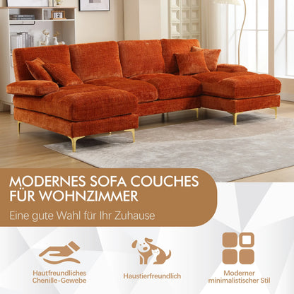Hoekbank – U-Vormige Bank – Hoeksalon – Loungebank – Zitzetel – Oranje Chenille Stof – 272 cm Breed – Gouden Metalen Poten