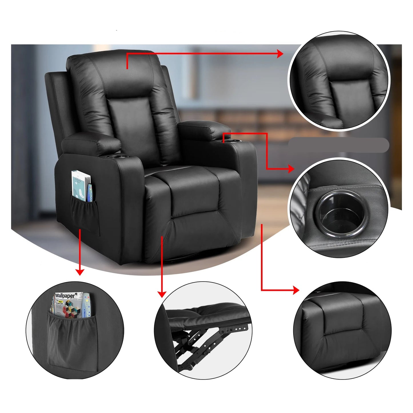 Relaxfauteuil met Ligfunctie - Fauteuil - Relaxstoel - Massagestoel - 360° Draaibaar – Relaxzetel - Dikke Rugleuning & Armleuningen – Wit