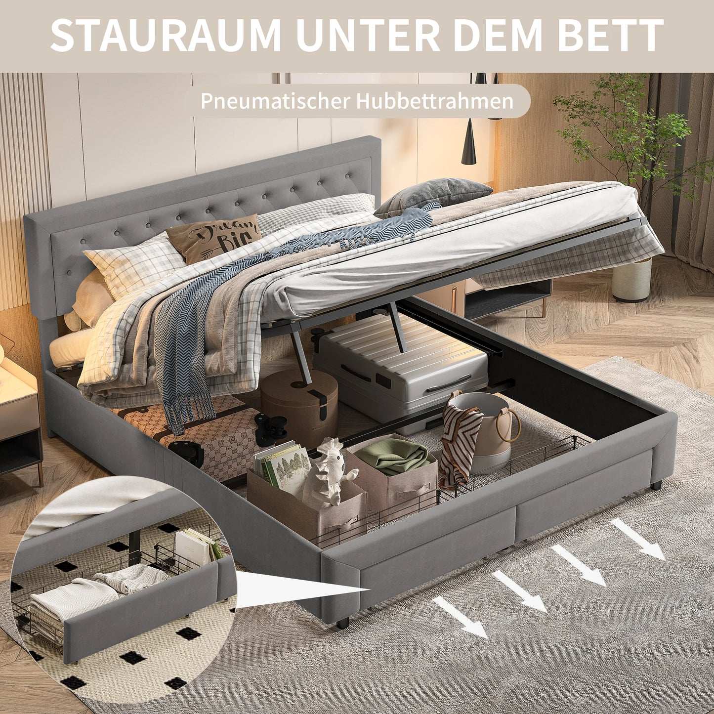 Gestoffeerd Tweepersoonsbed – Opbergbed – Hydronisch Bed – Ladebed – Modern Bed – 160 X 200 CM – Hydraulische Opbergbox en Ladefunctie – Grijze Velours Bekleding - QUORE