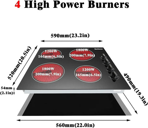 Inductie kookplaat - Induction Hob - Induction Cook Top - Inductie Fornuis - Elektrische Brander - 4-pits - Inbouw - 59 cm Elektrische Kookplaat - Zwarte mat Gematteerde Keramische Glasplaat - met 4 Individuele Bedieningsknoppen