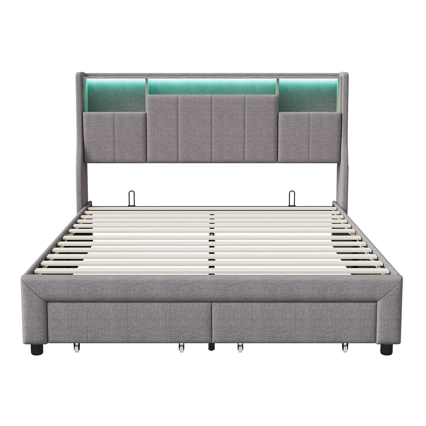 Rosahqnda LED Upholstery bed Double Bed with 2 Drawers USB Storage Headboard Youth bed with Storage Linen