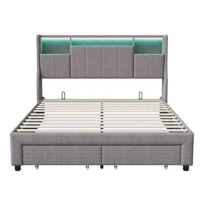 Rosahqnda LED Upholstery bed Double Bed with 2 Drawers USB Storage Headboard Youth bed with Storage Linen
