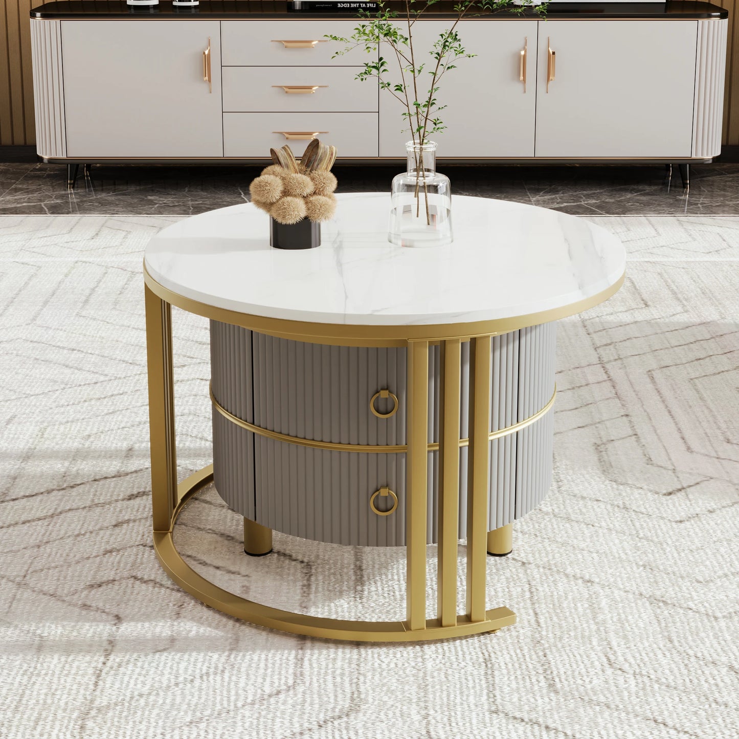 Salontafel - Set Van 2 Bijzettafels – Opbergtafel – Nachtkastje – Moderne Tafels – Marmerpatroon – Gouden Frame - Grijs