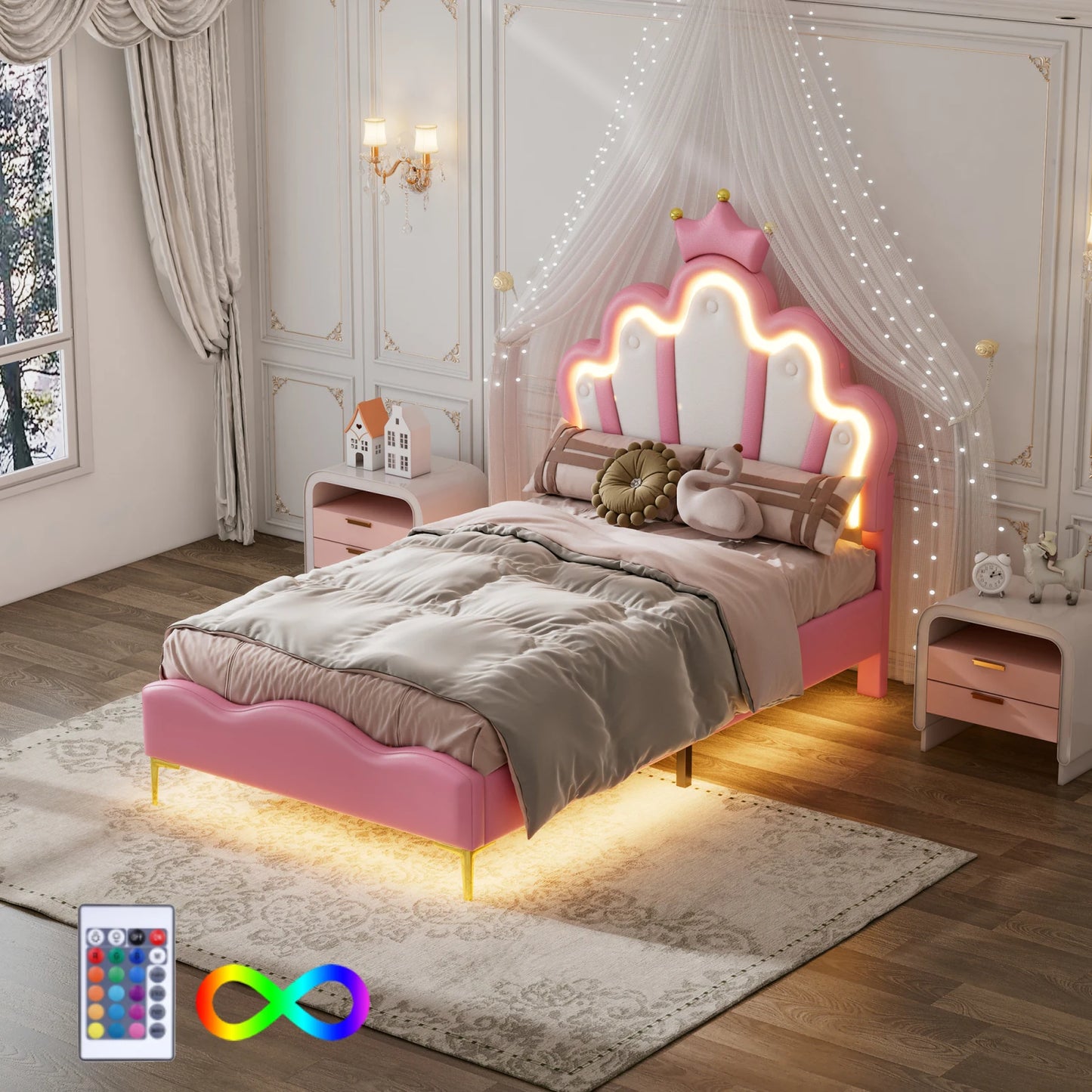 Kinderbed – Eenpersoonsbed – Bed Voor Kinderen – Slaapbed – Kinderbed Met LED-Verlichting – Kroonvormig Hoofdbord – PU Kunstleer – Verstelbare Hoogte – 90x200 cm – Waterafstotend & Eenvoudig Te Reinigen