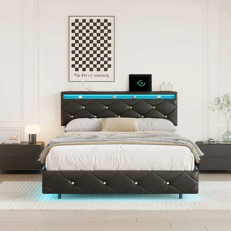 Tweepersoonsbed – Gestoffeerd Bed – 2-persoonsbed – Platformbed – Bedframe – 160x200 cm – Verstelbaar Hoofdeinde – Ingebouwde LED-verlichting