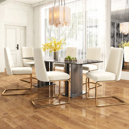 Eetkamerstoel – Set Van 6 - Velours Woonkamerstoel – Comfortabele Fauteuil – Lounge Stoel – Zacht Gewatteerd Zitvlak – Goud Metalen Pootjes - Beige