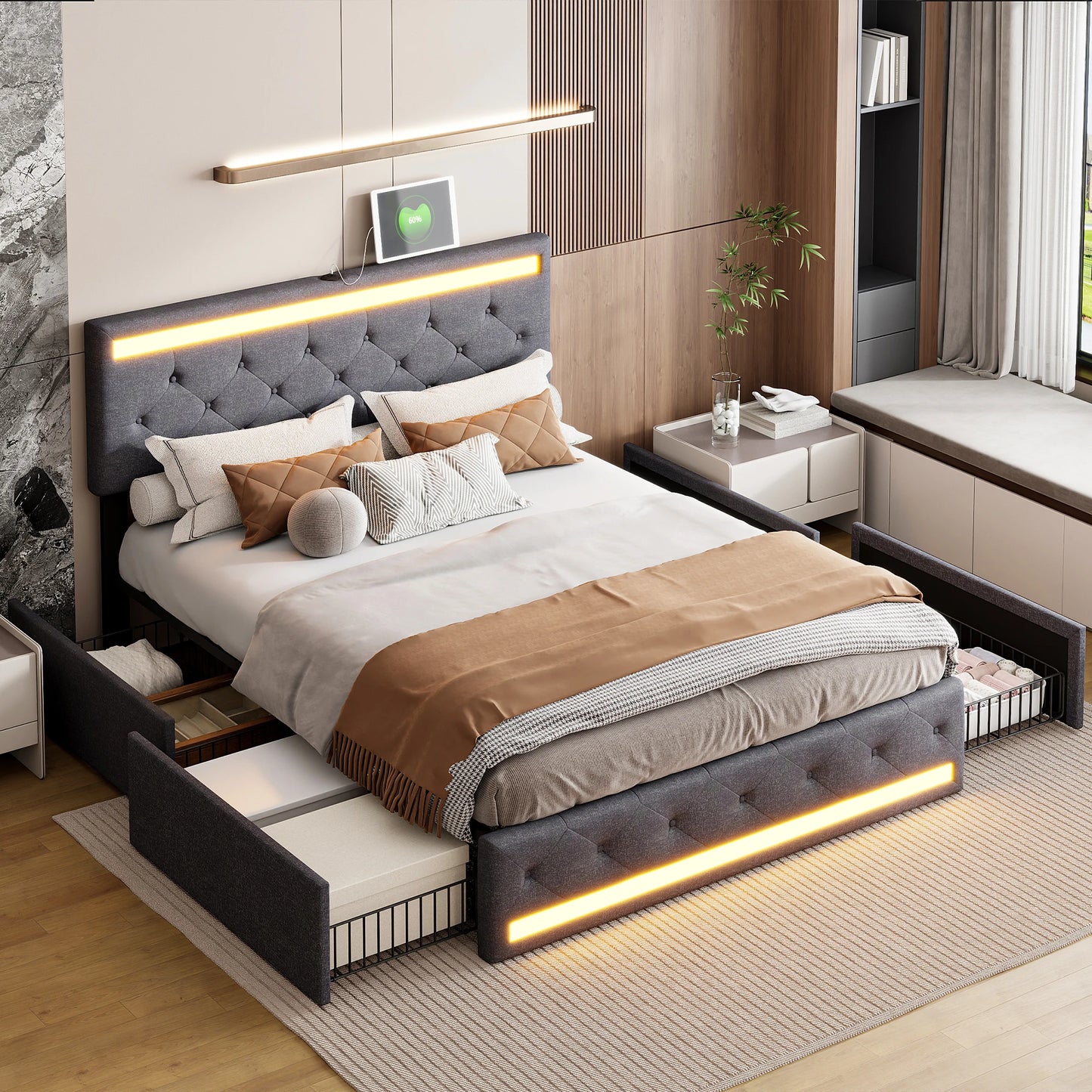 Gestoffeerd Tweepersoonsbed – Bedframe Met Opberglades – Slaapbank – Ladebed – Linnen Bed – 140x200 cm – USB Oplaadpoort – Meerkleurige LED-verlichting