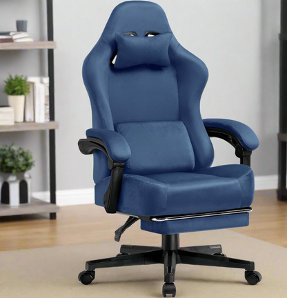 Gamingstoel – Bureaustoel – Werkstoel – Stud Stoel – 160° Verstelbare Rugleuning – Uittrekbare Voetsteun - 131x 53 x 49 cm -  Blauw