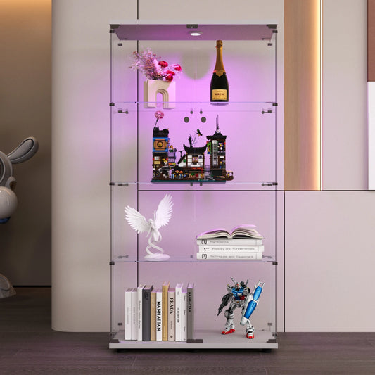 Vitrinekast – Glazen Displaykast – Collectiekast – Boekenkast – Showkast – Wit – 4 Transparante Legplanken – LED-Verlichting – Slot