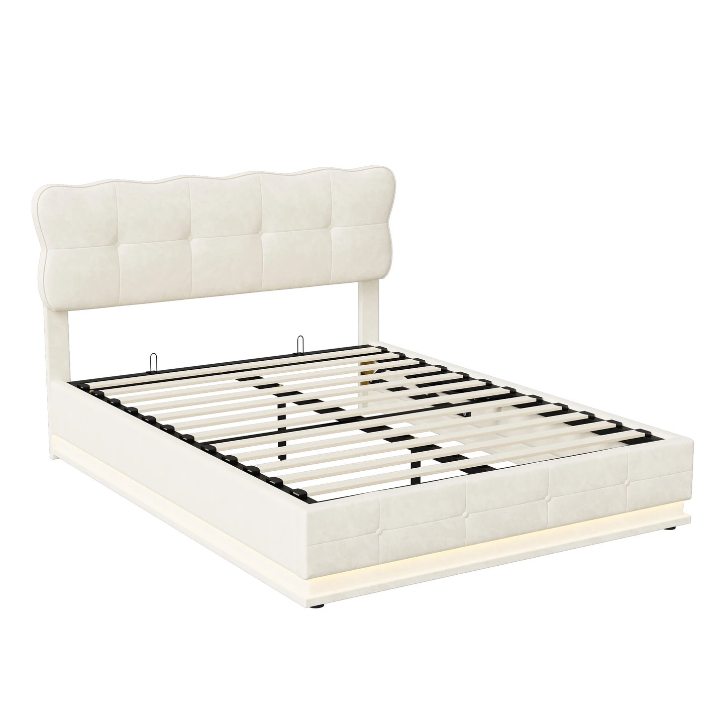 Tweepersoonsbed – Gestoffeerd Bed – Opbergbed – LED Bed – Hydraulisch Bed – 160 x 200 cm – Beige Velvet – Met Dimbare LED-Verlichting en Grote Opbergruimte