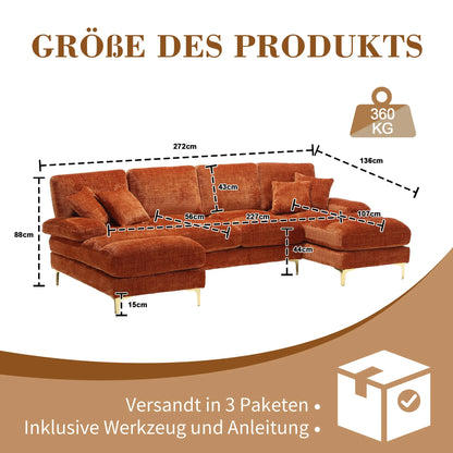 Hoekbank – U-Vormige Bank – Hoeksalon – Loungebank – Zitzetel – Oranje Chenille Stof – 272 cm Breed – Gouden Metalen Poten