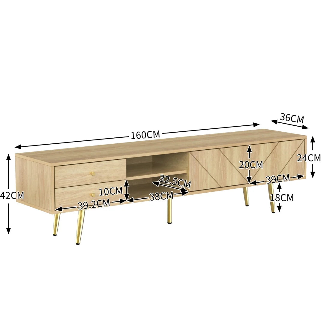 Tv-Meubel – Tv-Kast – Mediameubel – Opbergmeubel – Licht Eiken Finish – Gouden Metalen Poten - 160 x 36  x 42 - Houtkleur