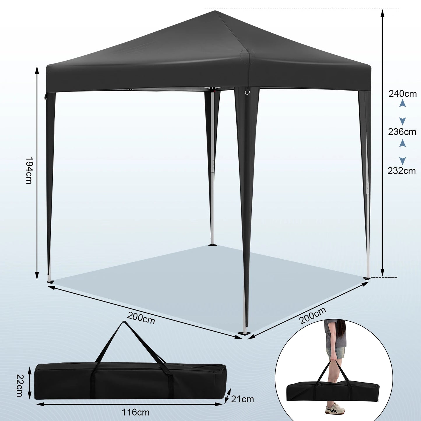 Partytent - Easy up Partytent - Pop-up Paviljoen - Opvouwbare - Verstelbare Hoogte - Waterdicht - UV - Bescherming - 2x2m - 4 Zijwanden - Anthraciet - QUORE