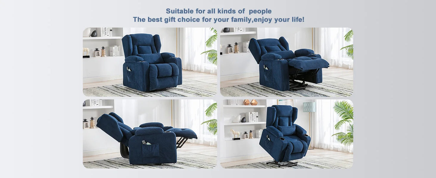 Elektrische Relaxfauteuil – Relaxstoel – Liftsysteem – Massagefauteuil – Verstelbare Rugleuning – Warmtefunctie – Draaglast 150 Kg - 75 x 83 x 100 cm - Blauw - QUORE