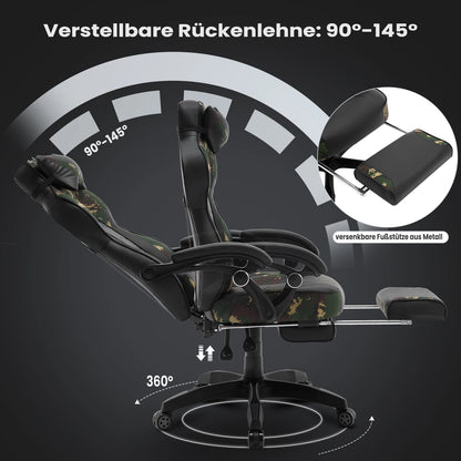 Ergonomische Gaming- en Bureaustoel – Comfortabele Werkstoel – Verstelbare Rugleuning – Voetensteun – Kunstleer – Maximale Draagkracht 120 Kg – Zwenkwielen - Camouflage