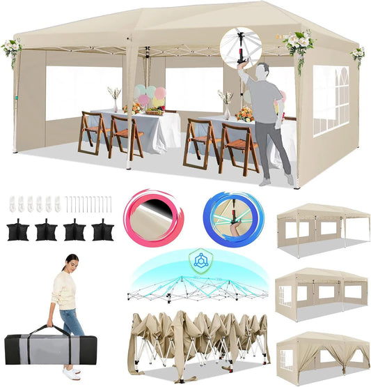 Pop-Up Partytent – Pop-Up Tent – Gazebo – Evenemententent – Feesttent – Waterdichte Oxford-Kap – 3x6 Meter – Met 6 Afneembare Zijwanden - Khaki
