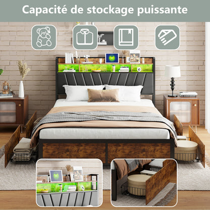 Tweepersoonsbed – Bed – Gestoffeerd Bed – Opbergbed – Bedframe – 160x200 cm – Staal en Hout – 4 Opberglades