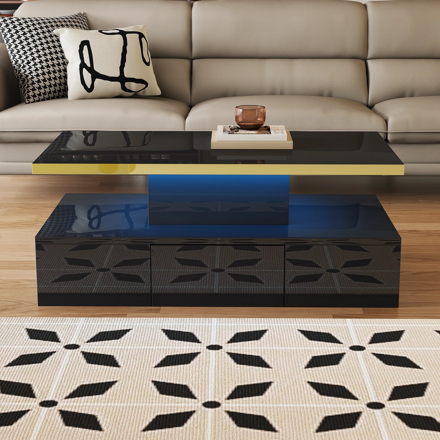Salontafel – Koffietafel – Woonkamertafel – Tafel – Hoogglans Wit – Twee Niveaus – Verborgen Lade -  Zwart