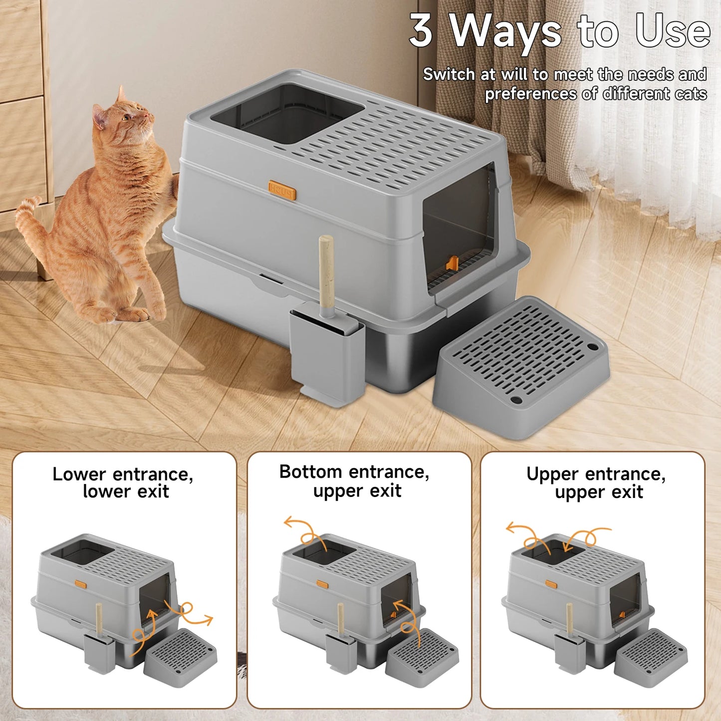 RVS Kattenbak - Kattentoilet Roestvrijstaal - Kattenbak - Incl. Kattenbakschep met Houder en Gritopvang Opstapje - 3-in-1 - Grote - 60x40x39cm - Grijs