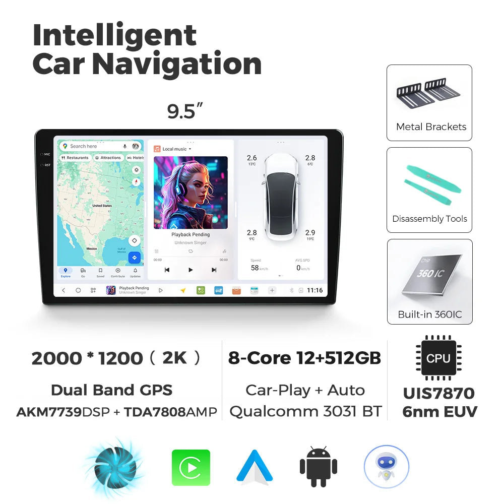 Multimediaspeler Auto – Auto Radio – GPS Navigatie – Touchscreen Speler – Multimedia Systeem – 9,5 Inch HD Scherm – Draadloos CarPlay & Android Auto