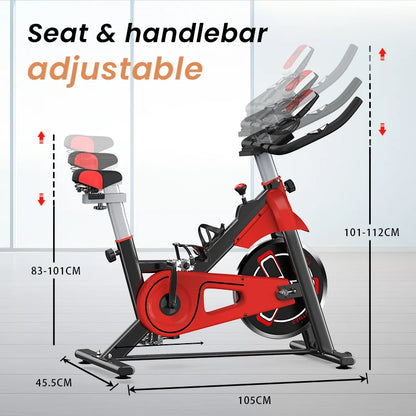 Fitness Fiets - Hometrainer - Indoor Cycle - met LCD Monitor - Stille Stationaire - Cardio - Weerstandssysteem Magnetisch - Transportwielen - Hartslagfunctie - voor Gewichtsverlies - 120kg - Rood-zwart