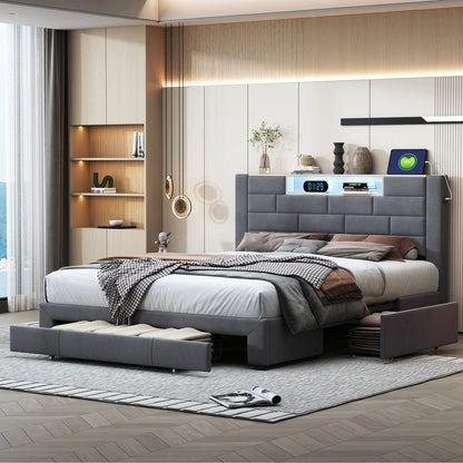 Bed – Tweepersoonsbed – Gestoffeerd Bed – Opbergbed – Bed met Lade – 140x200 cm – Fluwelen Bekleding – LED Verlichting en USB-poorten