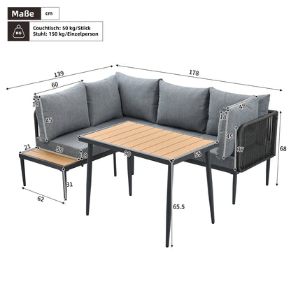 Tuinset – Hoekbank Tuinmeubel – Buitenmeubel – Terrasset – Verzonken Stalen Frame – Kunststof-Houten Tafelblad – Handgeweven Touwen