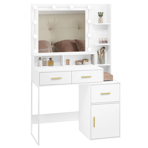 Kaptafel - Make-up Tafel - Kaptafel met spiegel en verlichting - Verstelbare - Helderheid - 10 LED - 1 Tafelblad - 2 Lades - 1 Opbergvak - 3 Planken - 90x143x39.5 cm - Wit
