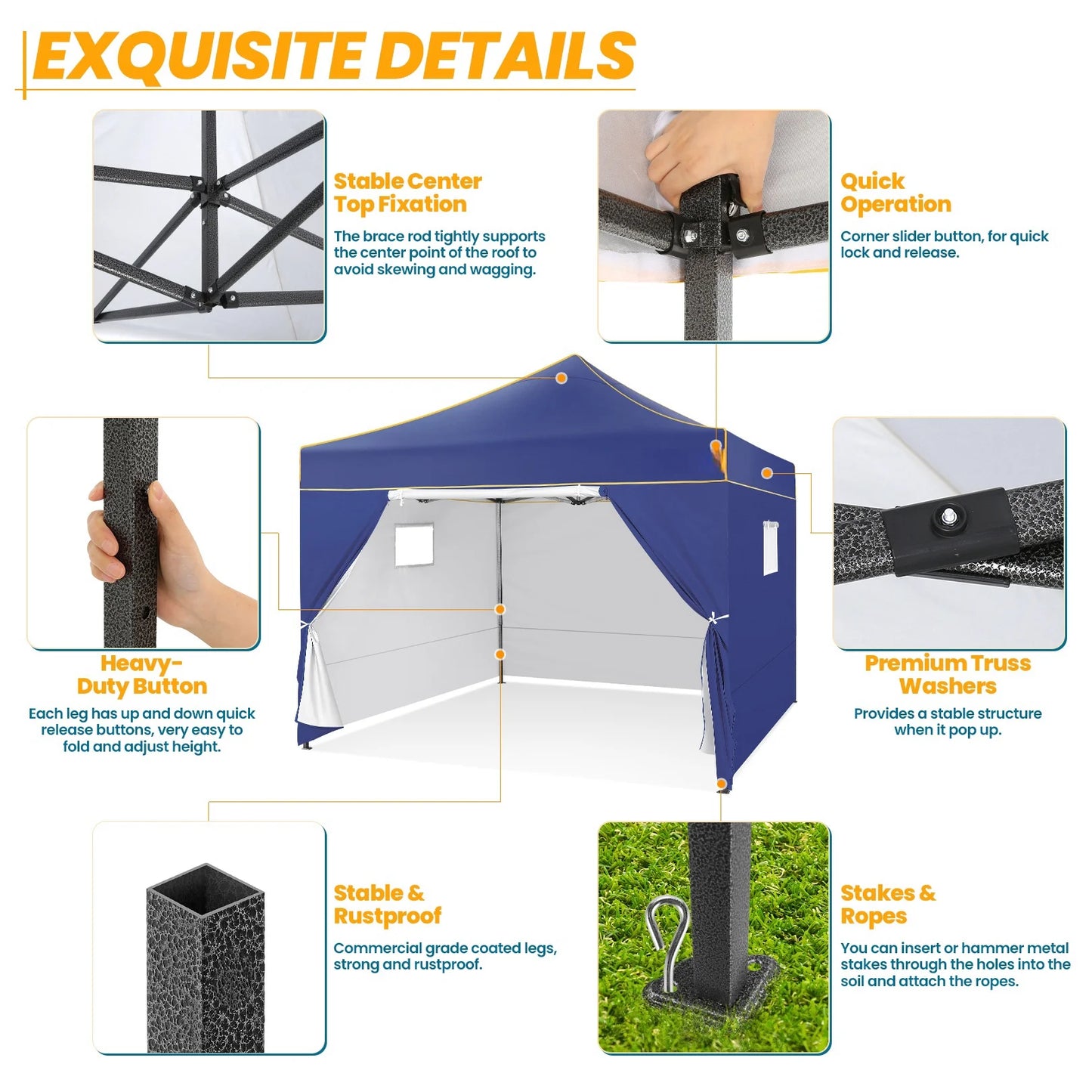 Partytent – Schaduwdoek – Vouwtent – Waterdicht Frame – UPF 50+ Zonbescherming - 3x3 m - Marineblauw